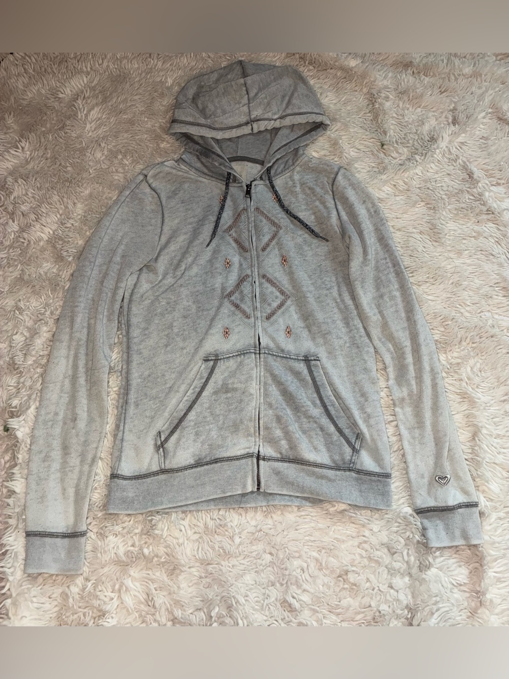Embroidered Boho Light Gray Hooded Zip-Up Jacket